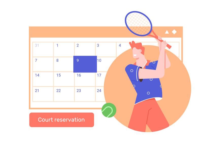 Reserve tennis time at the sports club. Tennis court rental.Man athlete with a racket in his hands, a calendar, a timer. Vector flat illustration.